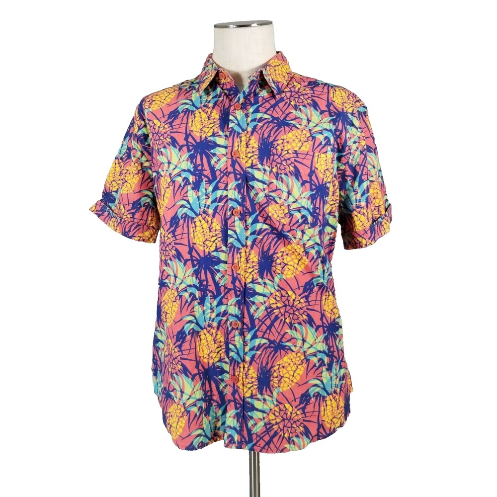 Joe Marlin Button Up Men L Pink Hawaiian Shirt Slim Fit Pineapple Cotton